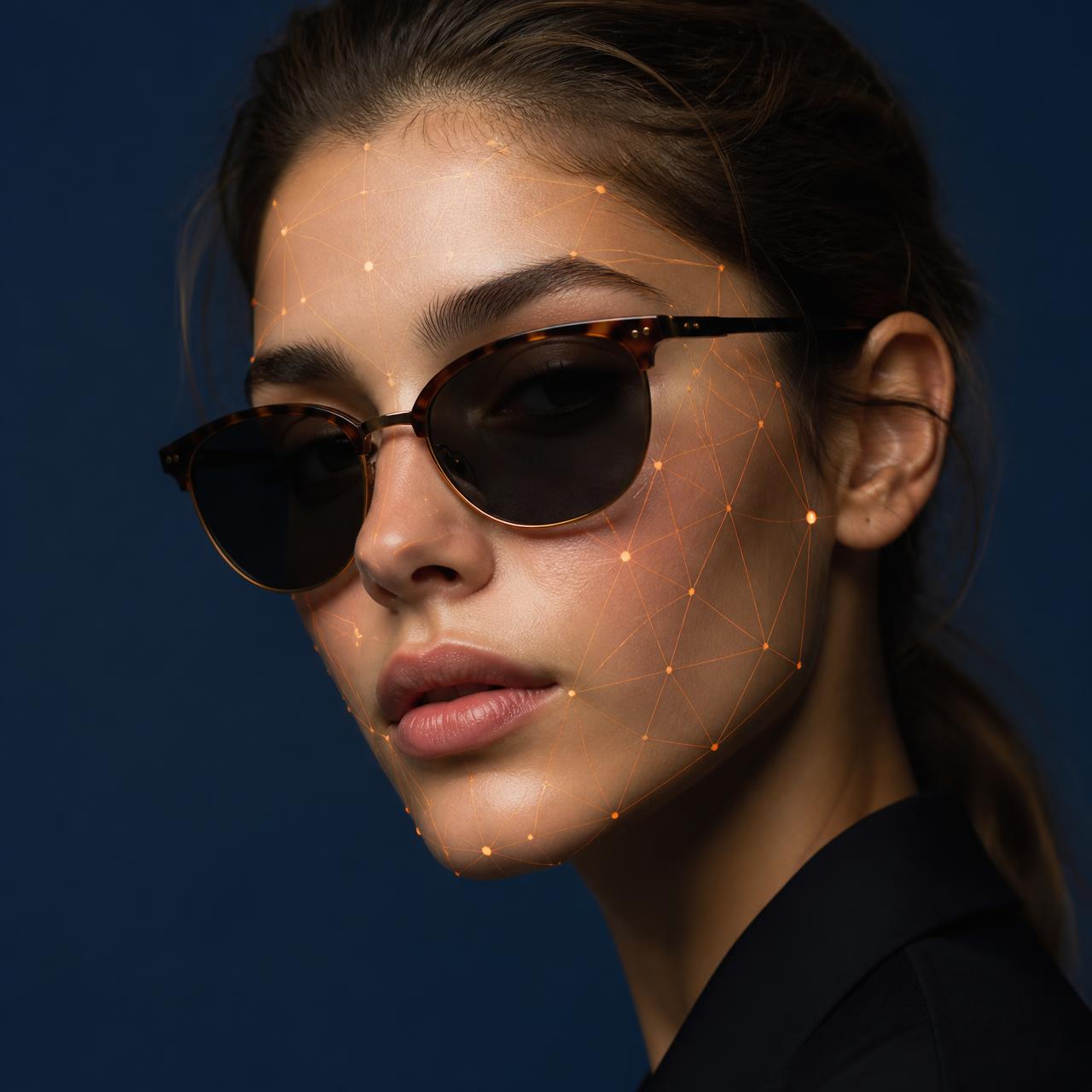 AI virtual try-on rendering sunglasses on a customer's face with facial landmark tracking